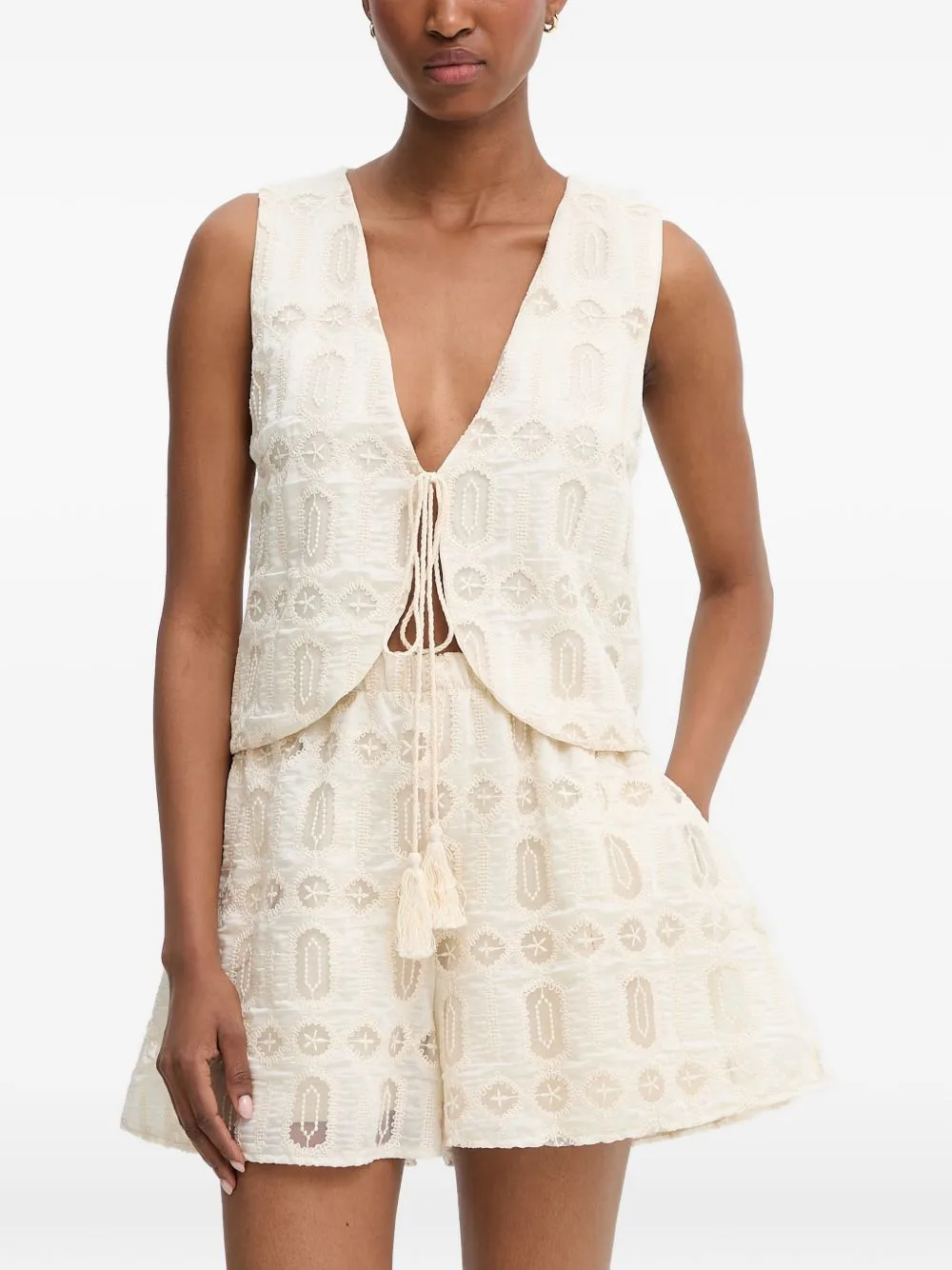 Embroidered Tie-Fastening Top by Haveone