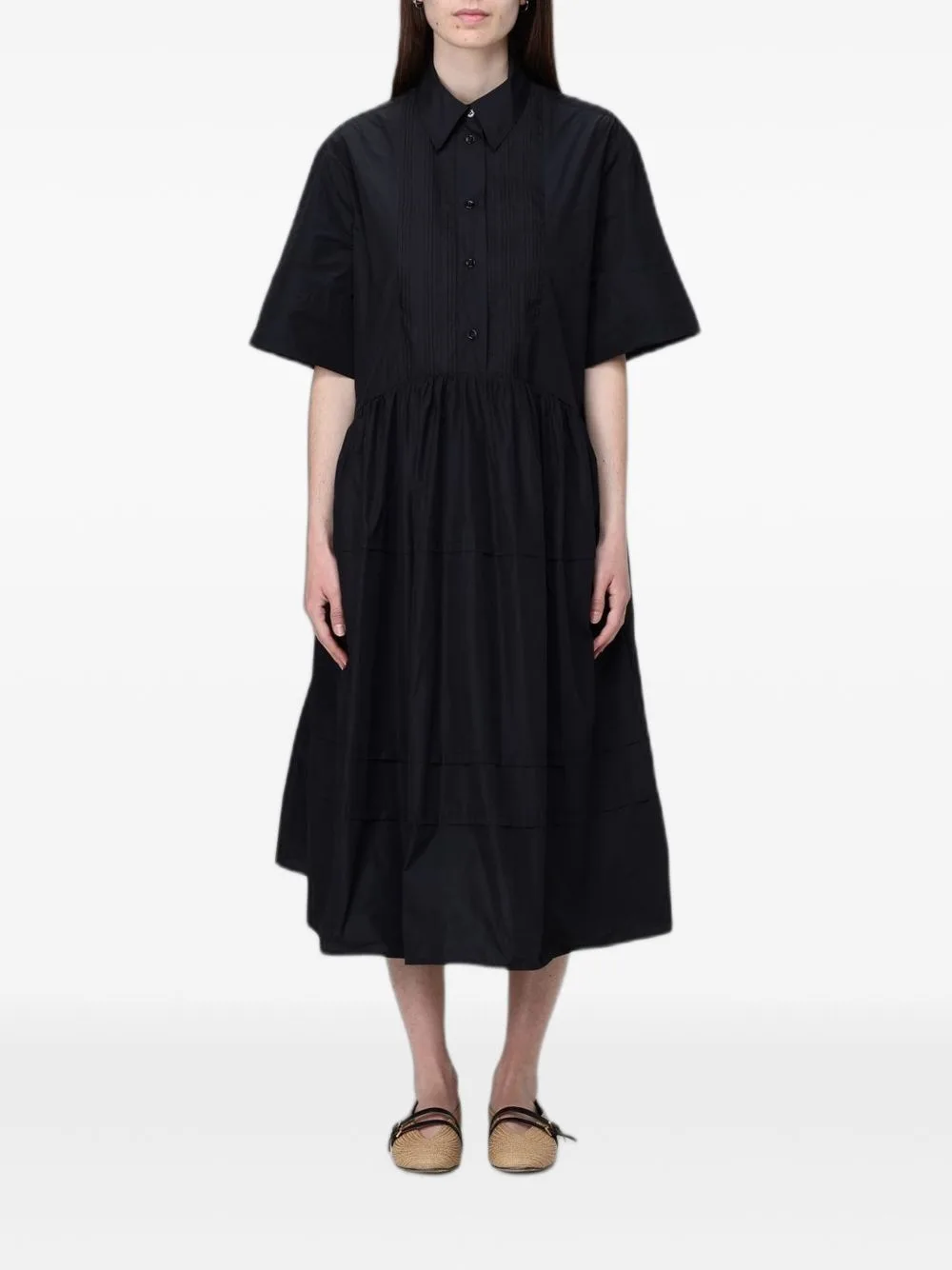 Pleated-Bib Tiered Shirt Dress