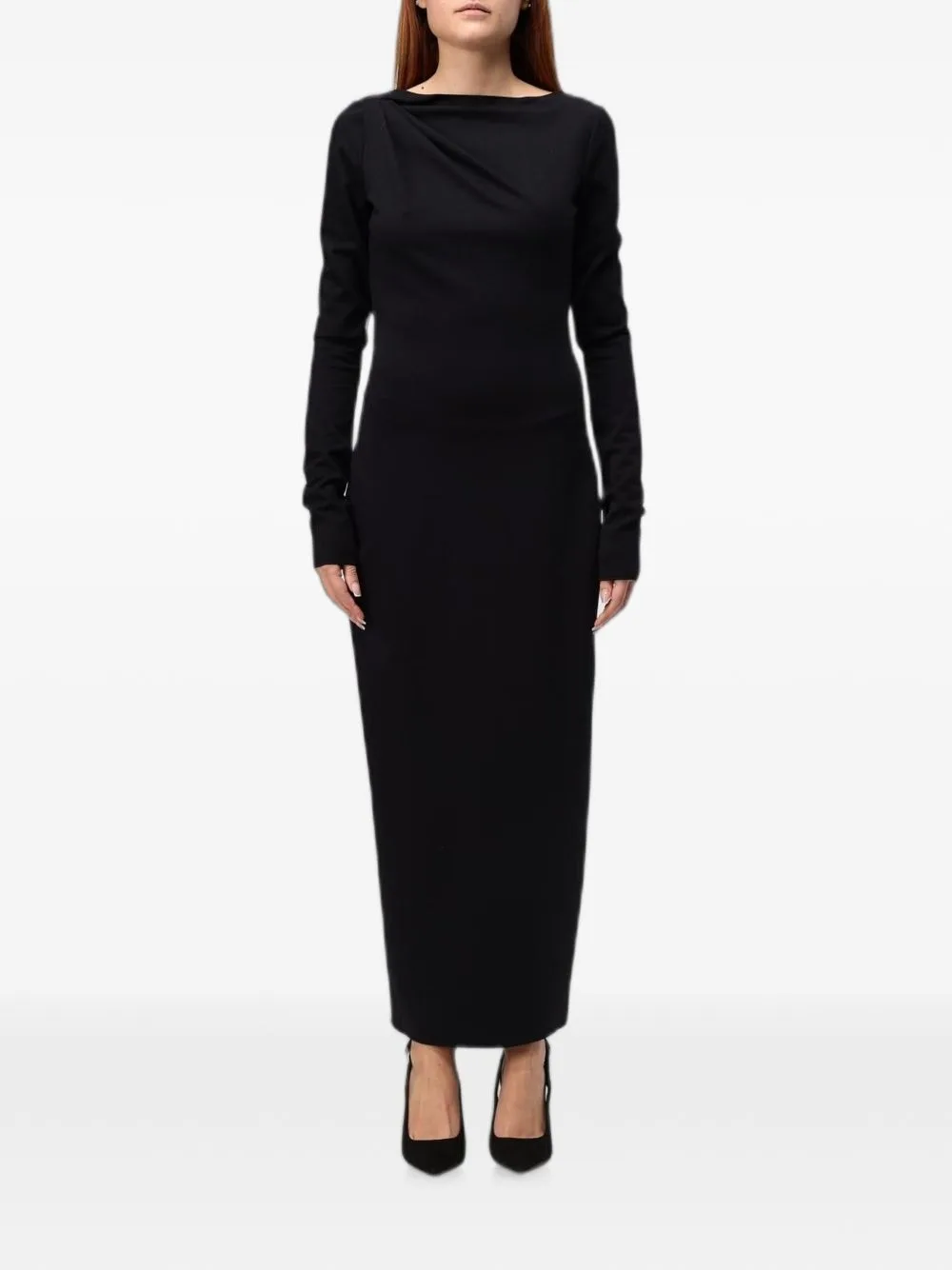 Draped-Detail Long-Sleeve Maxi Dress