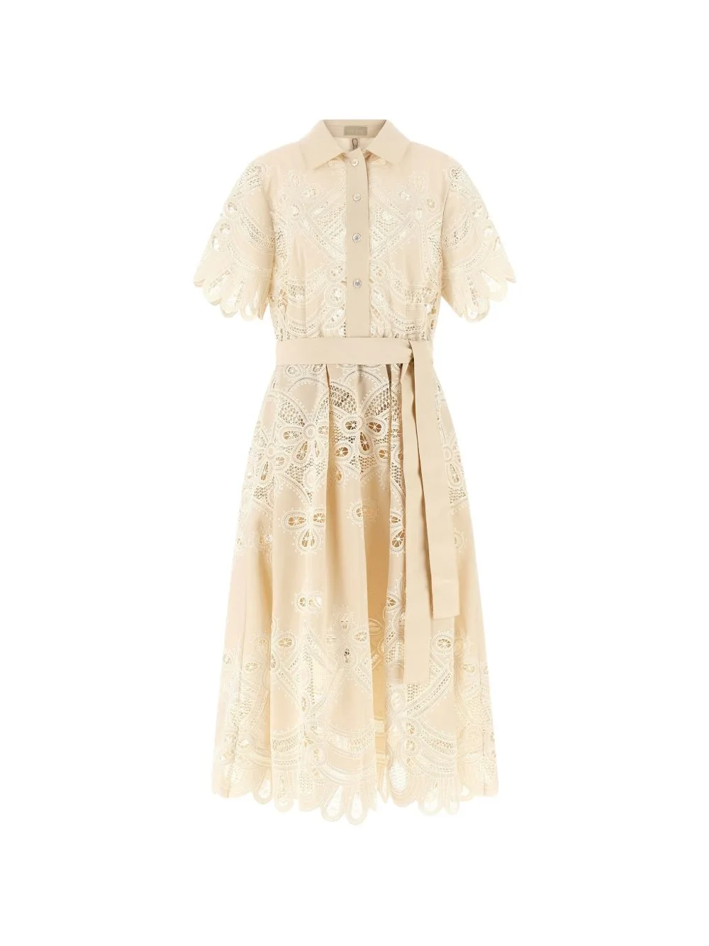 Embroidered Scalloped-Hem Midi Dress