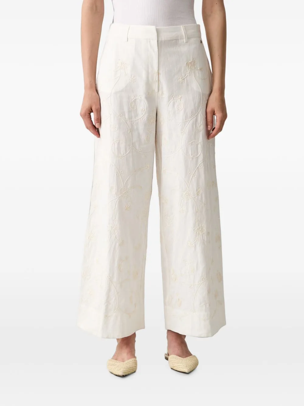 Floral-Embroidered Wide-Leg Trousers