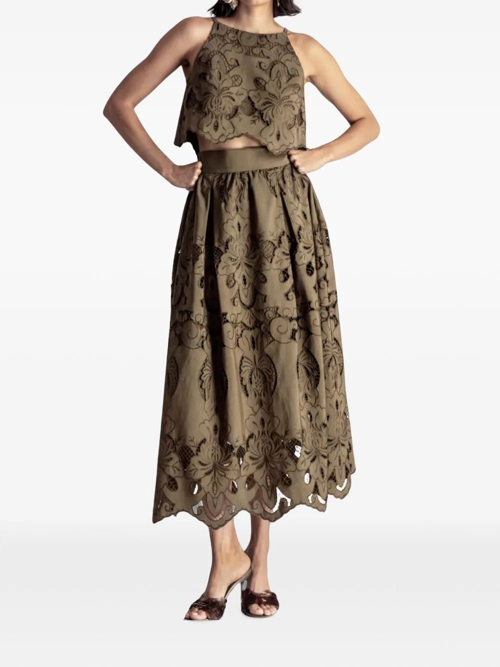 Floral-Embroidered Scalloped Top