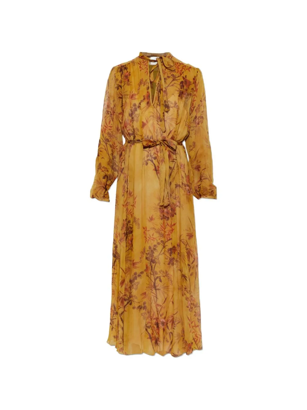 Botanical-Motif Tie-Neck Maxi Dress