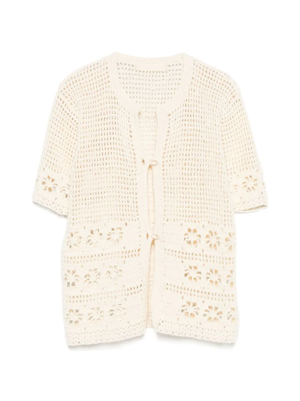 Crochet-Knit Shell-Embellished Cardigan