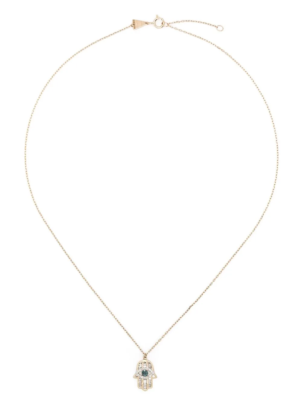 14kt Yellow Gold Hamsa Pendant White and Blue Diamond Necklace