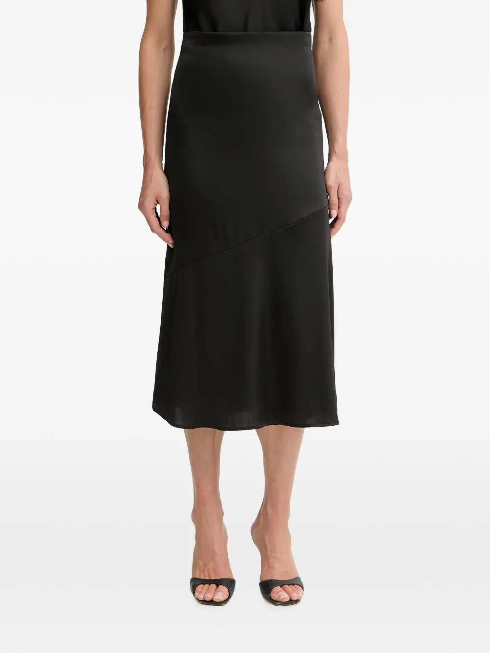 Satin-Finish Asymmetric-Seam Midi Skirt