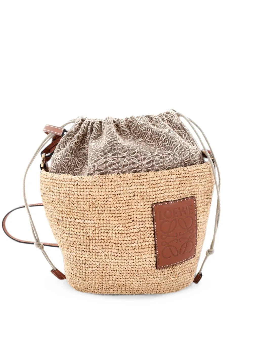 Pochette Crossbody Bag Woven Raffia and Leather with Anagram Jacquard Bucket Bag