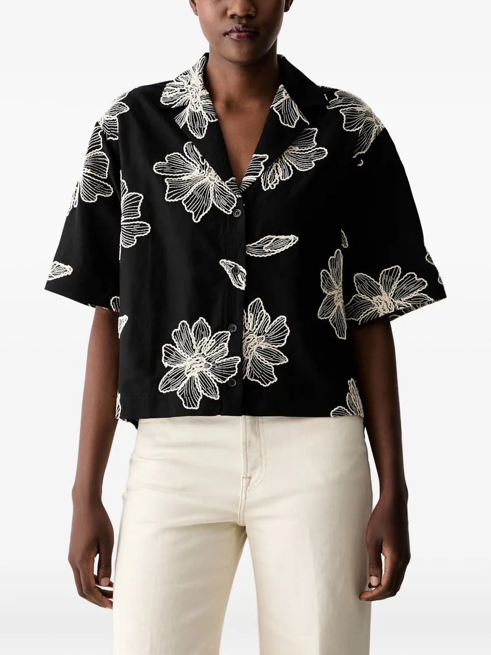 Floral-Embroidered Short-Sleeve Shirt