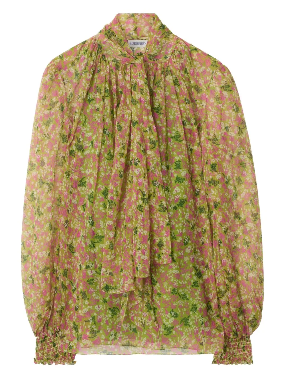 Scarf-Tie Floral Silk Blouse