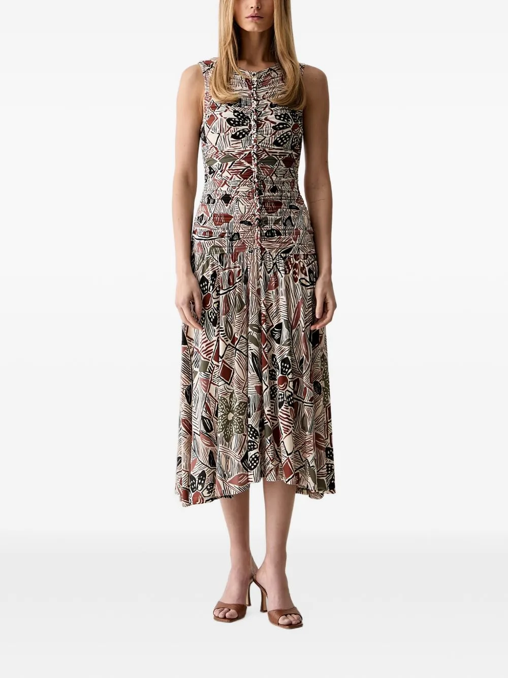 Abstract-Print Ruched Midi Dress