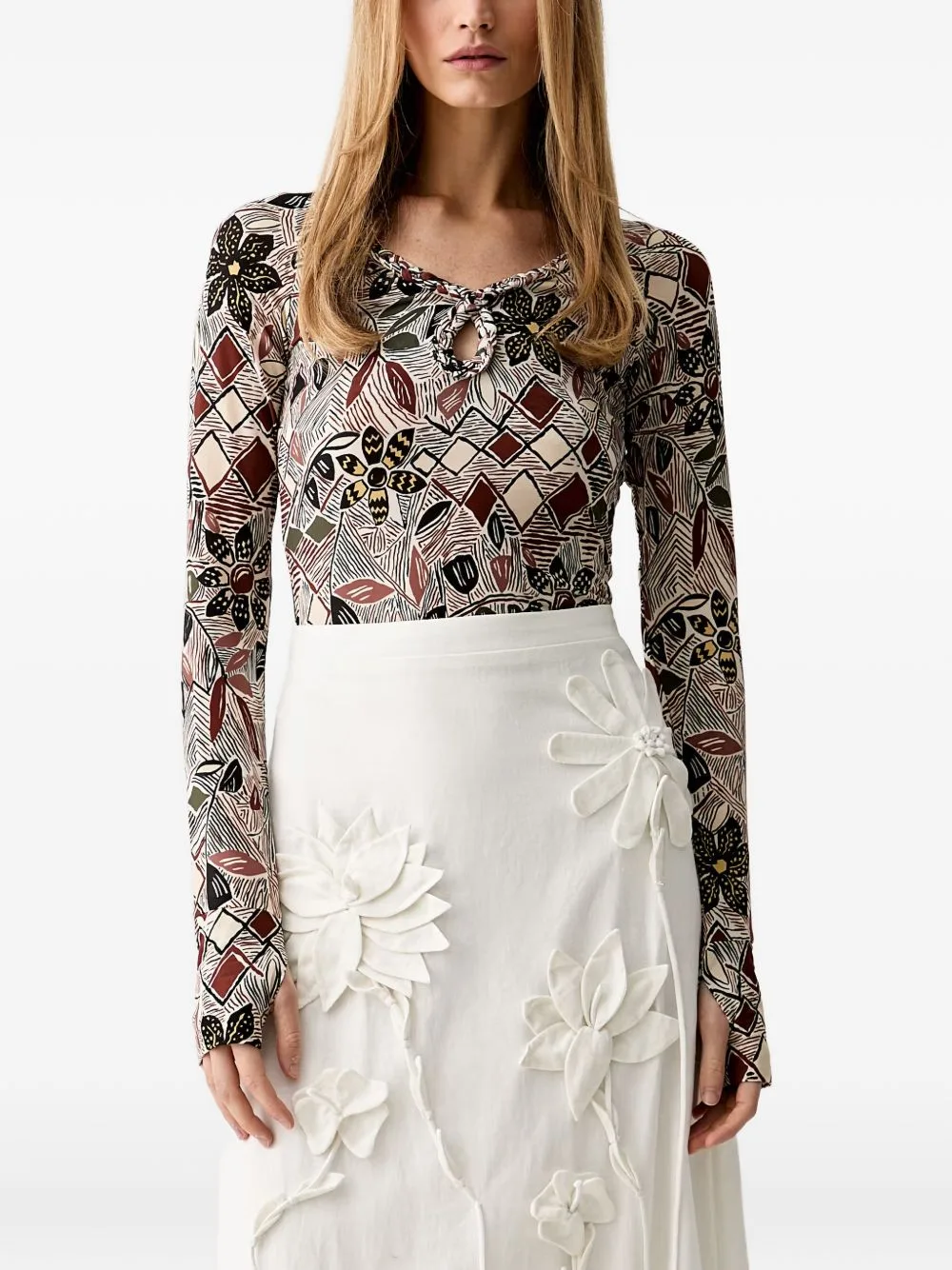 Floral-Print Keyhole-Neck T-Shirt
