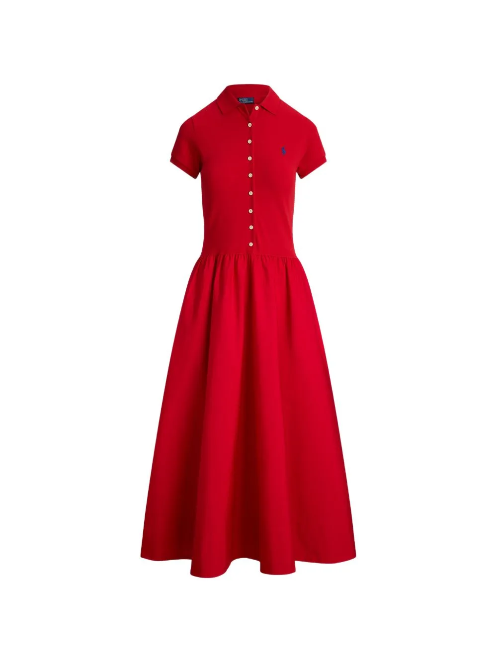 Button-Details Polo-Collar Cotton Midi Dress