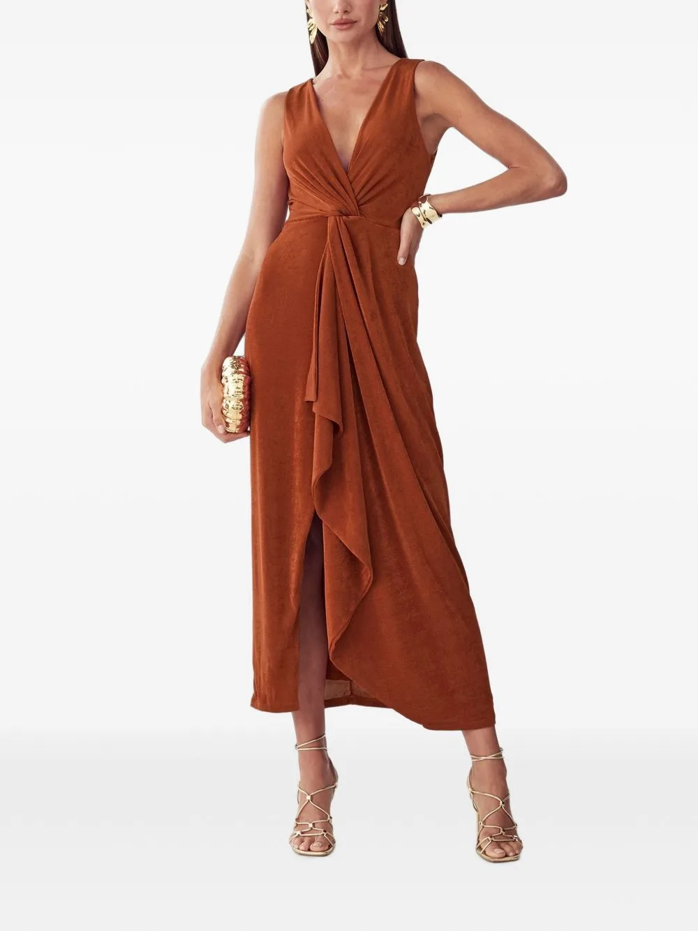 V-Neck Twist-Detail Midi Dress