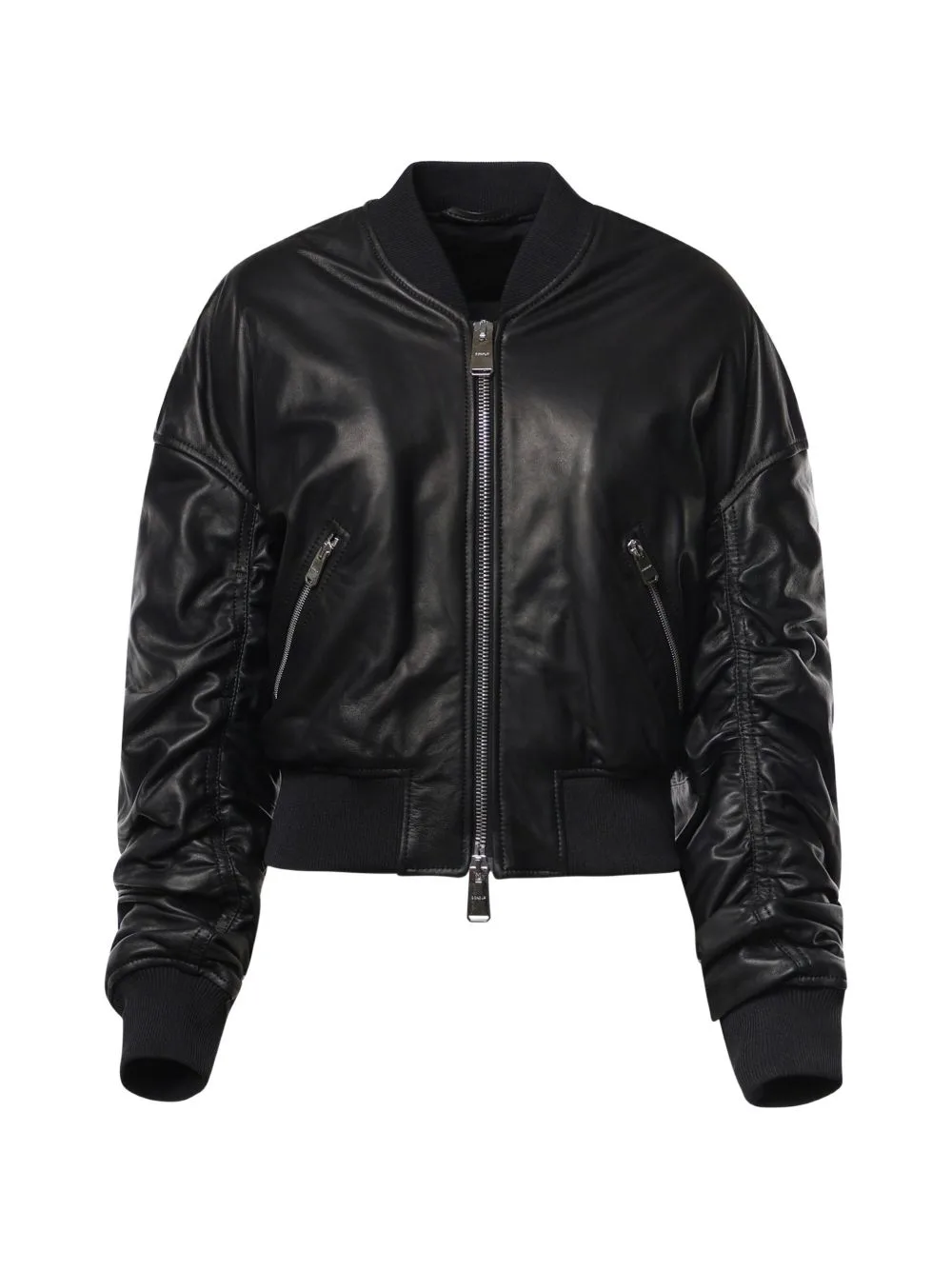Ruched Leather Bomber Jacket