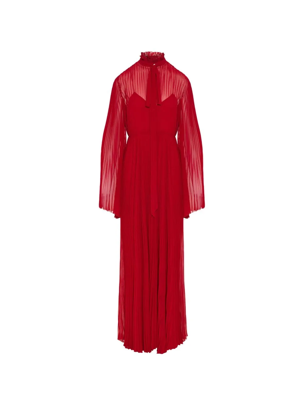Pleated Pussy-Bow Long-Sleeved Maxi Dress