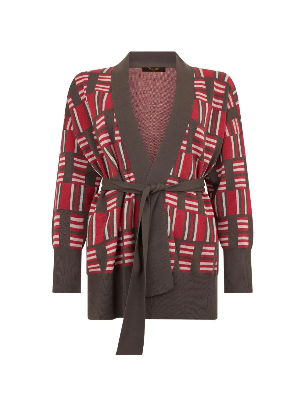 Geometric-Pattern Belted Cardigan