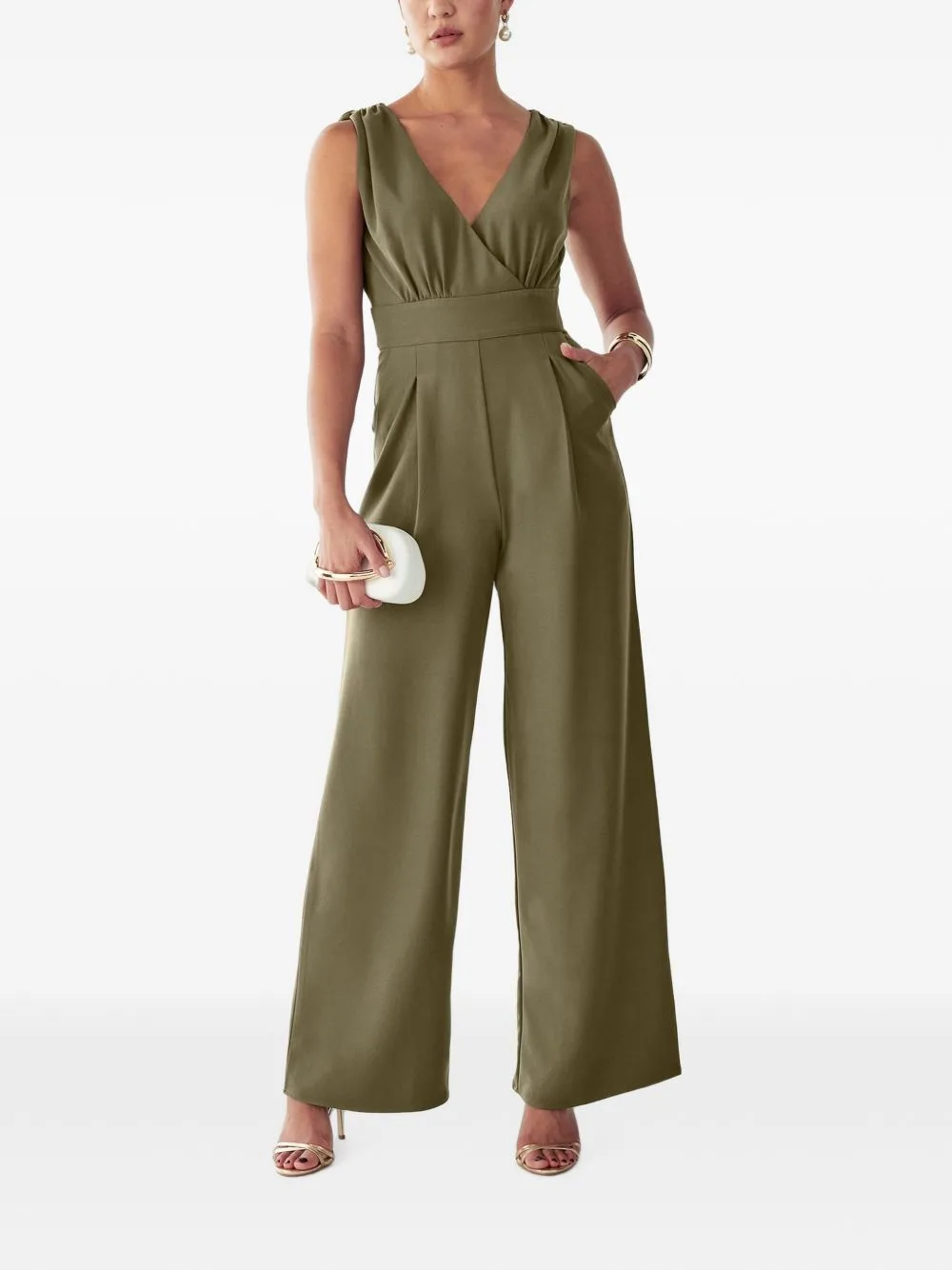 Pleated-Detail V-Neck Jumpsuit