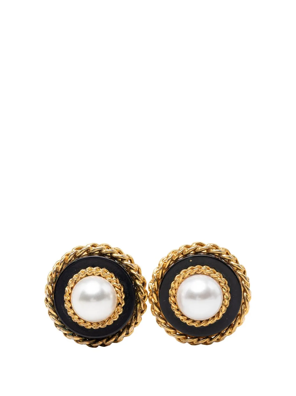 1980-1990 Gold Plated Resin and Faux Pearl Chain Disc Clip on Earrings
