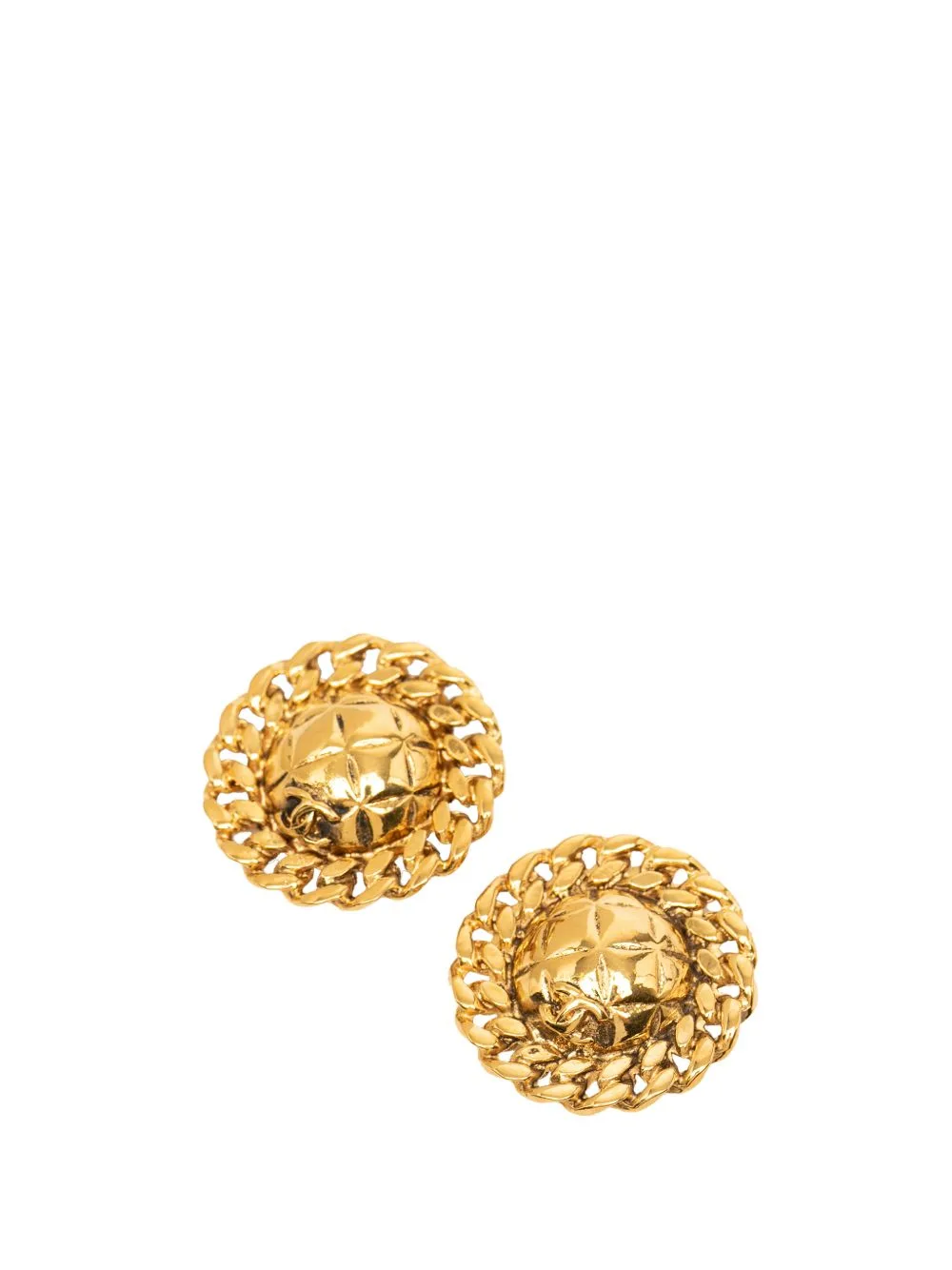 1970-1980 CC Gold Plated Quilted Chain Trim Clip on Earrings Costume Earrings