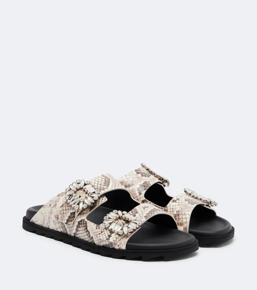Slidy Viv' Snake-Print Leather Sandals by Roger Vivier