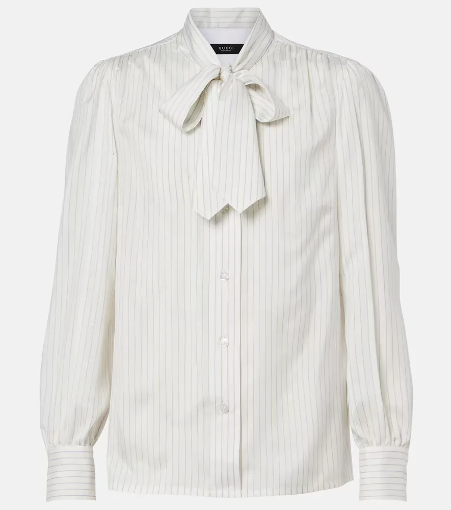 Pinstripe Tie-Neck Silk Shirt