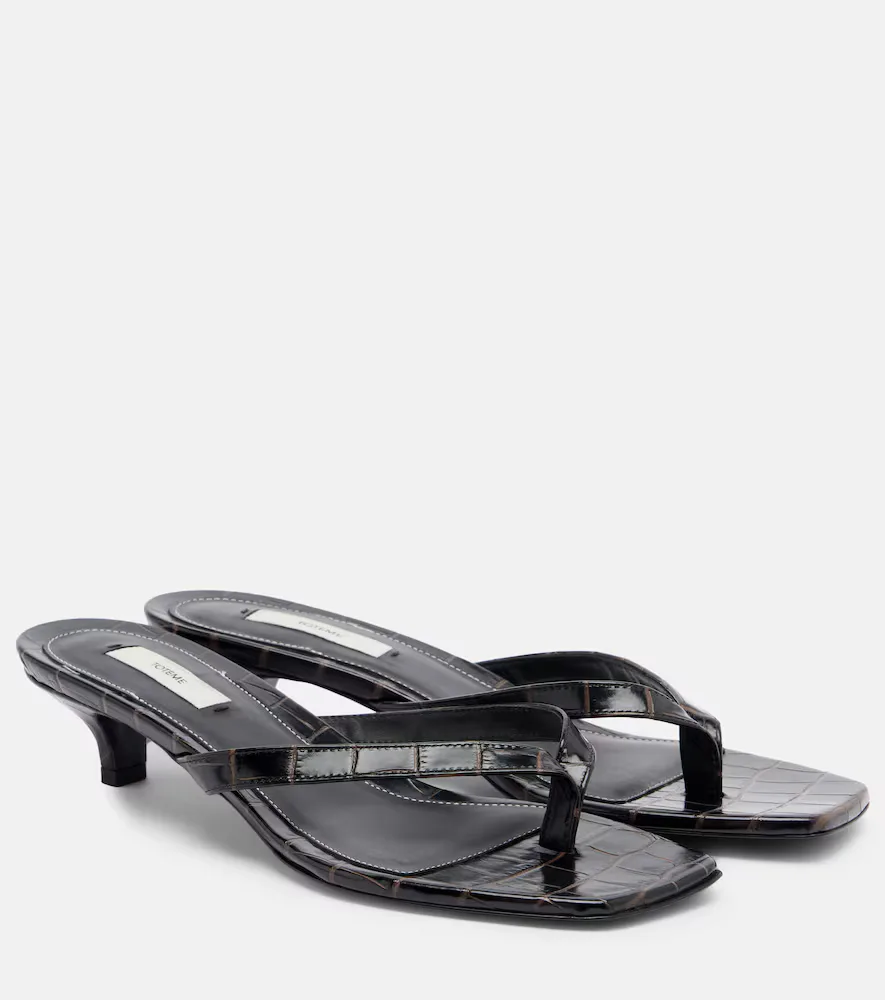 Croc-Effect Leather Thong Sandals