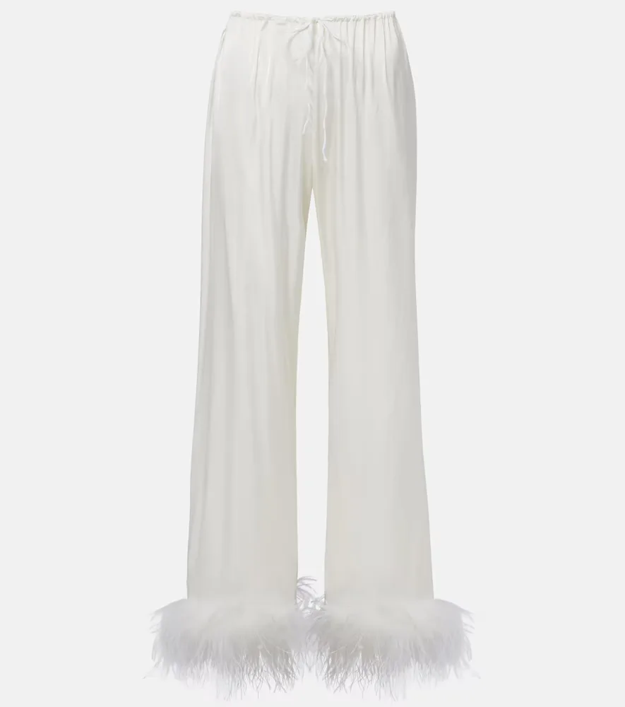 Oséree Bridal Feather-Trimmed Satin Wide-Leg Pants