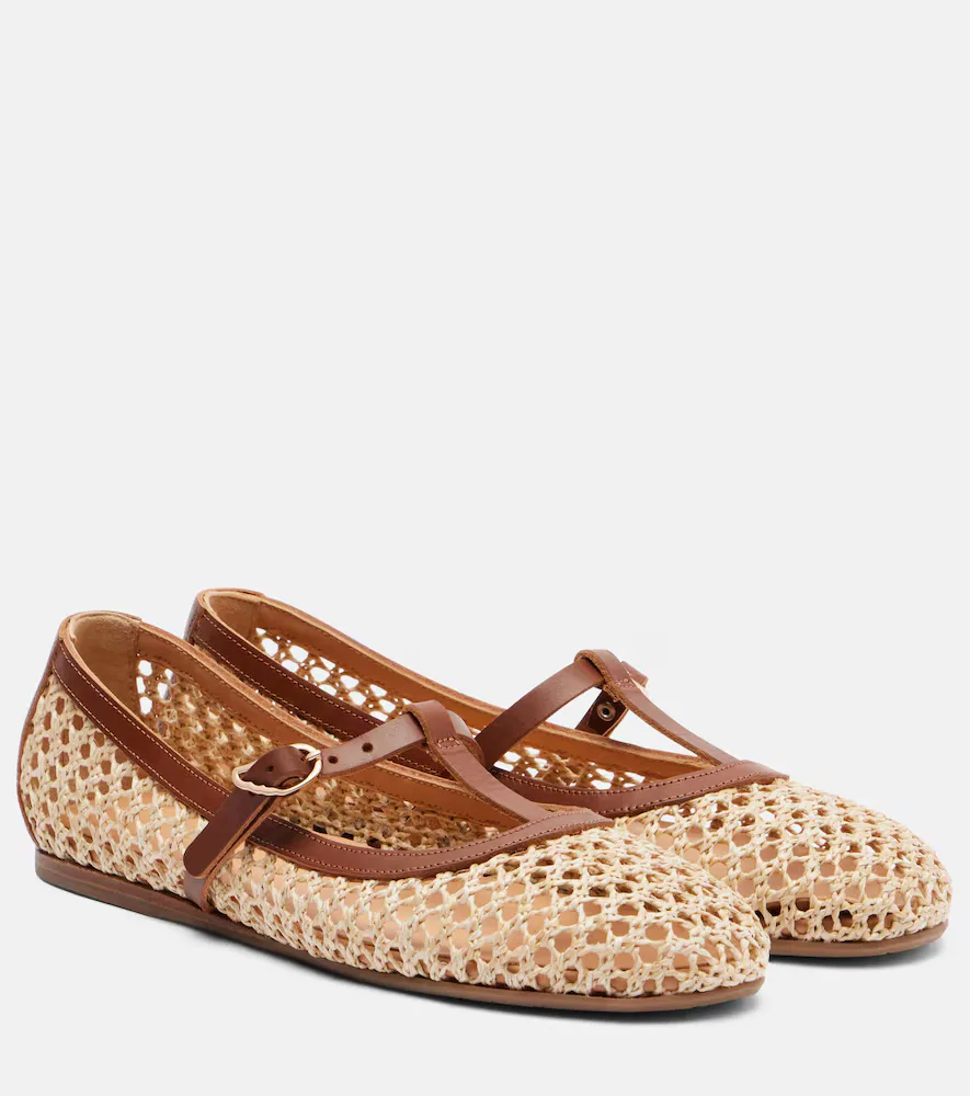 Aerati Leather-Trimmed Raffia Mary Jane Flats