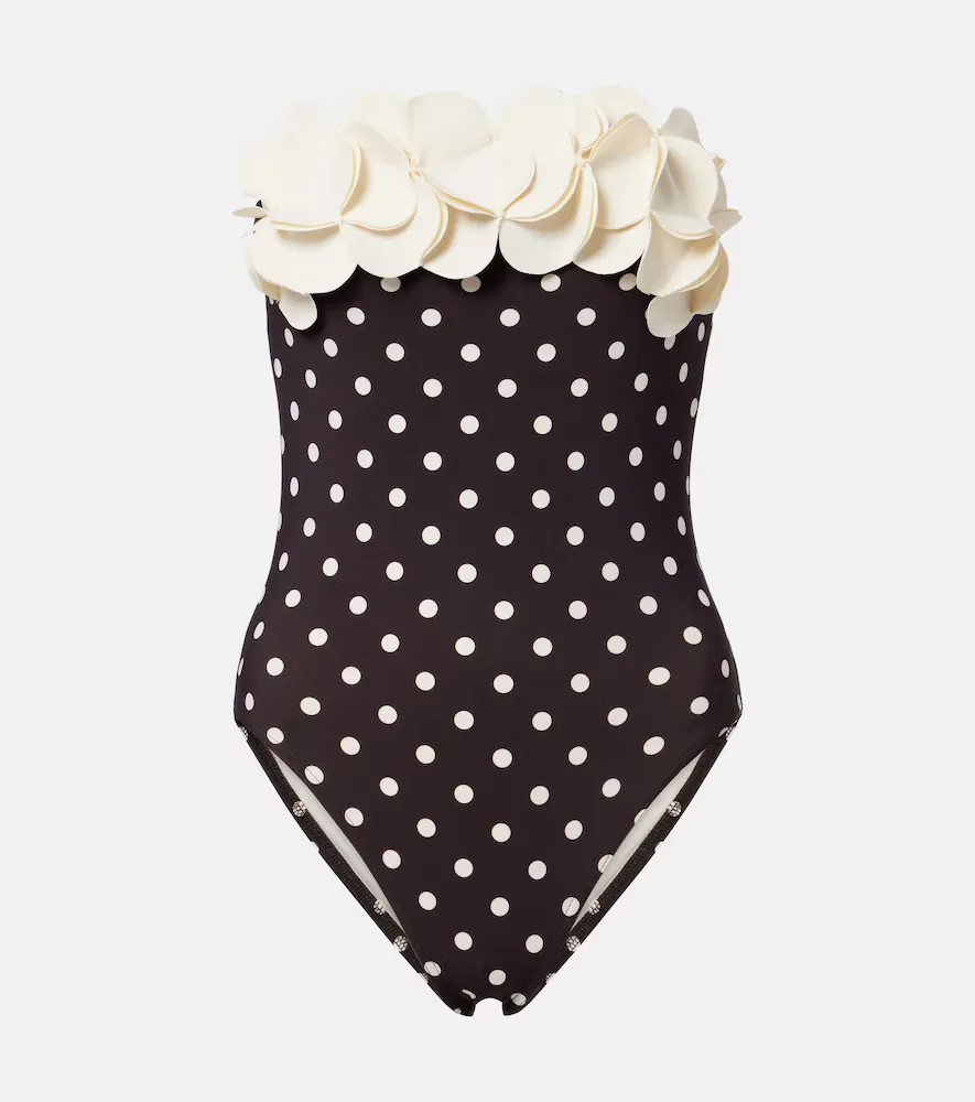 Floral Appliqué Polka-Dot Bandeau Swimsuit by Karla Colletto
