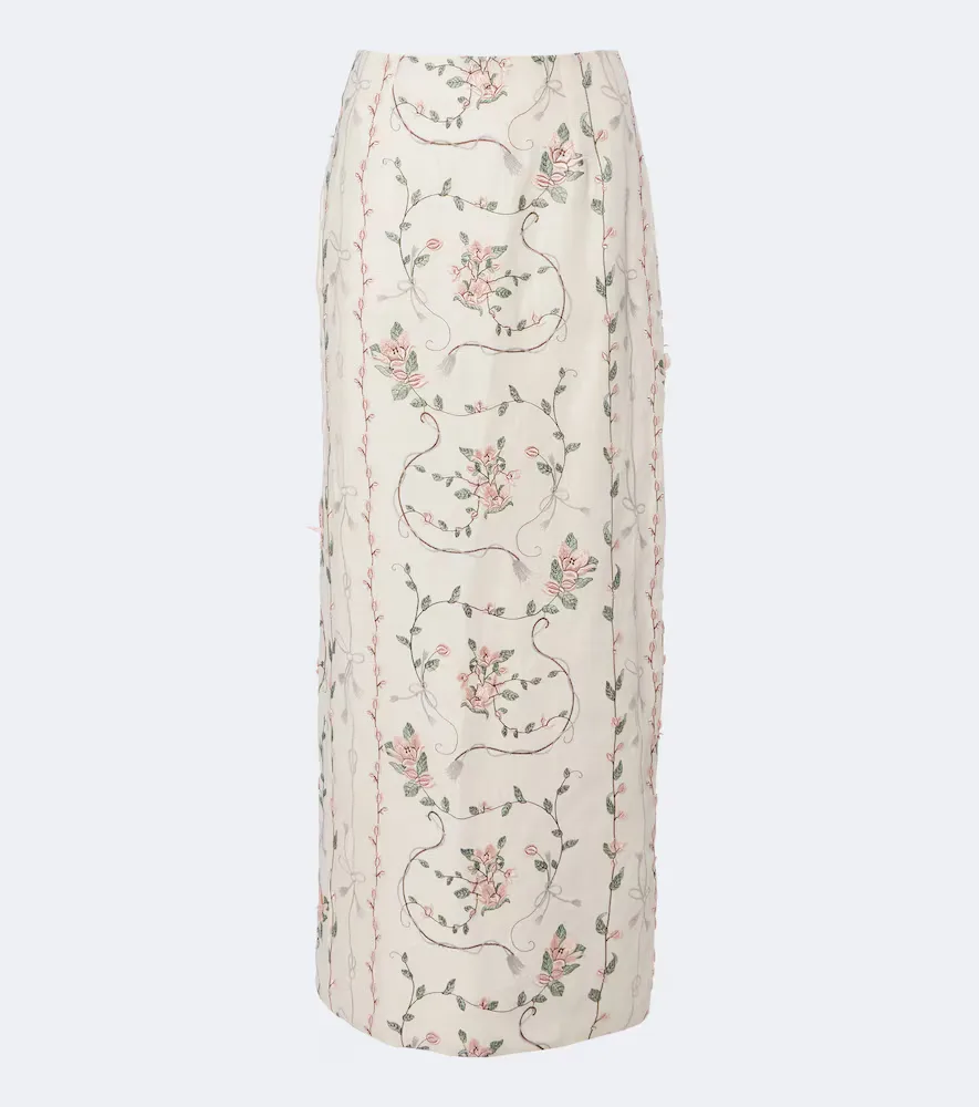 Lirica Floral Embroidered Linen Maxi Skirt by Agua by Agua Bendita