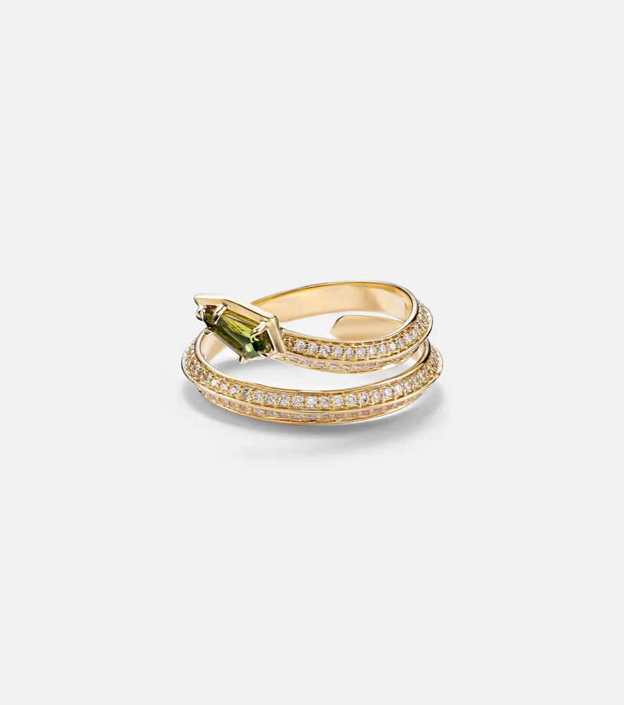 Shield Serpent 14kt Gold Ring with Diamonds and Green Tourmaline by Stone and Strand