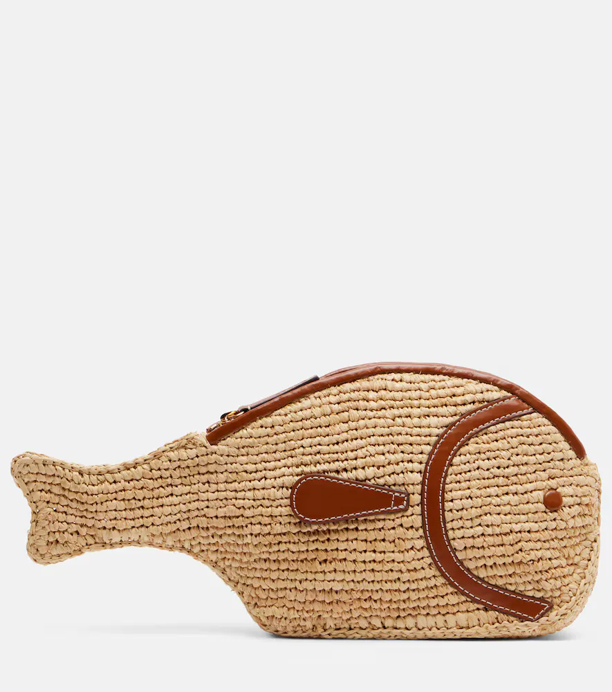 Pesce Leather-Trimmed Raffia Clutch by Staud