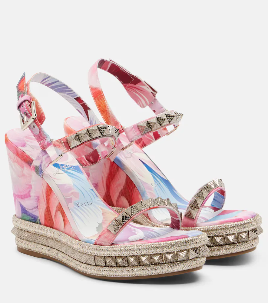 Pyra Clou Studded Floral Chiné Espadrille Wedges by Christian Louboutin