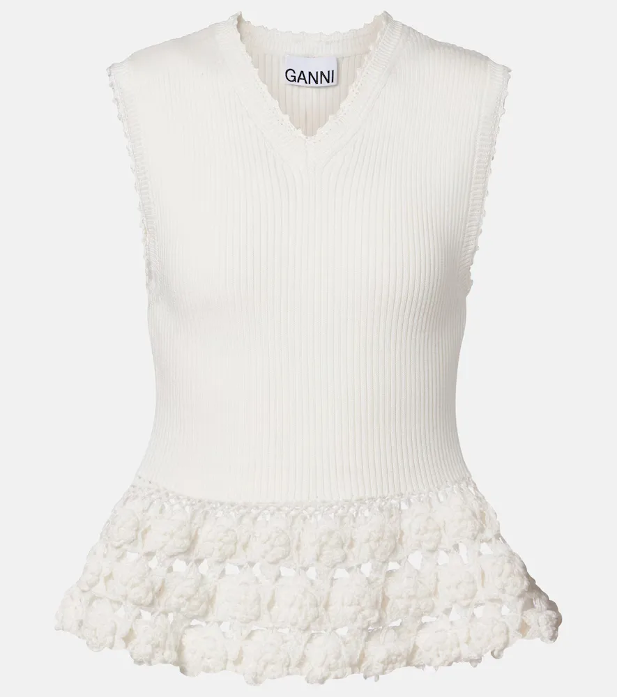 Crochet-Trimmed Ribbed Cotton-Blend Top by Ganni