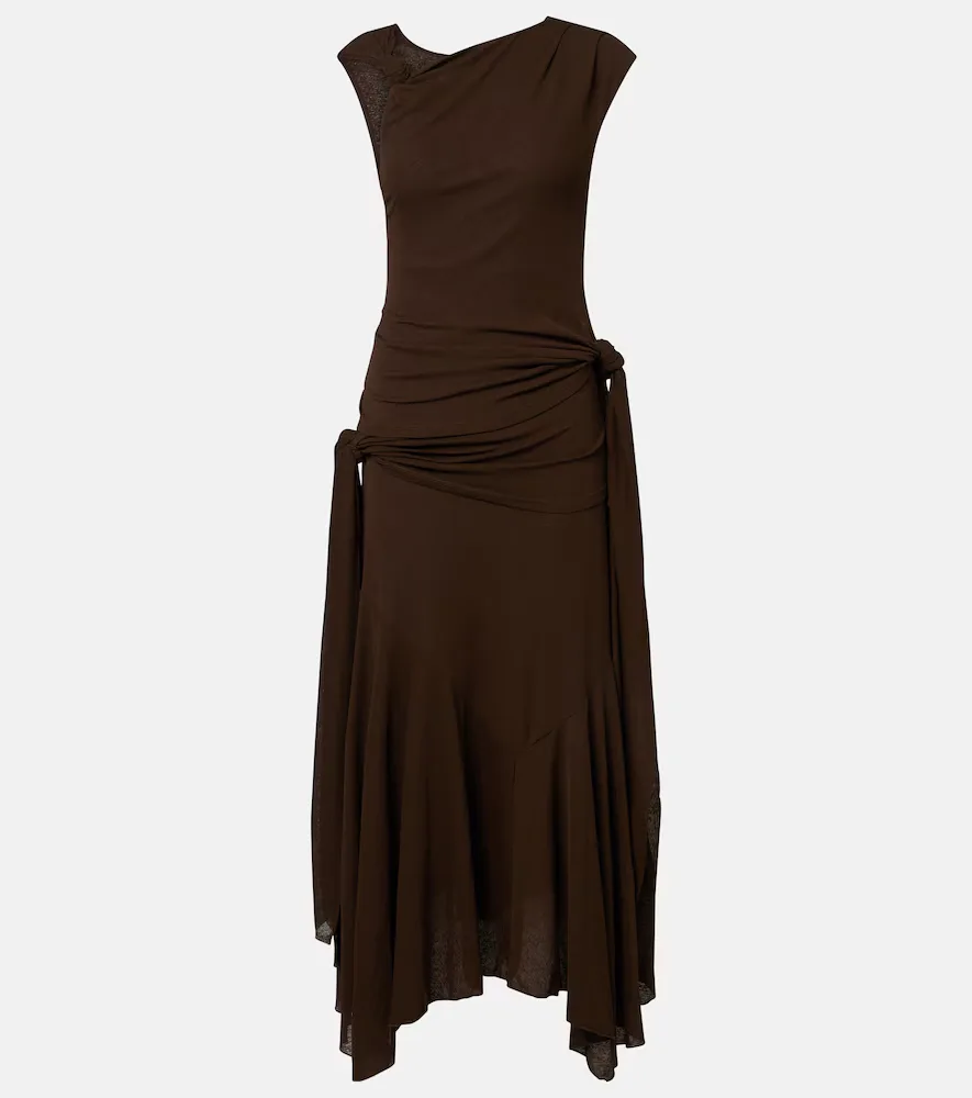 Asymmetric Draped Mesh Midi Dress