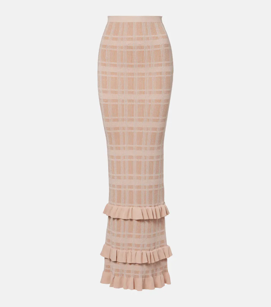 Petra Checked Ribbed-Knit Ruffled Pencil Skirt by Bananhot