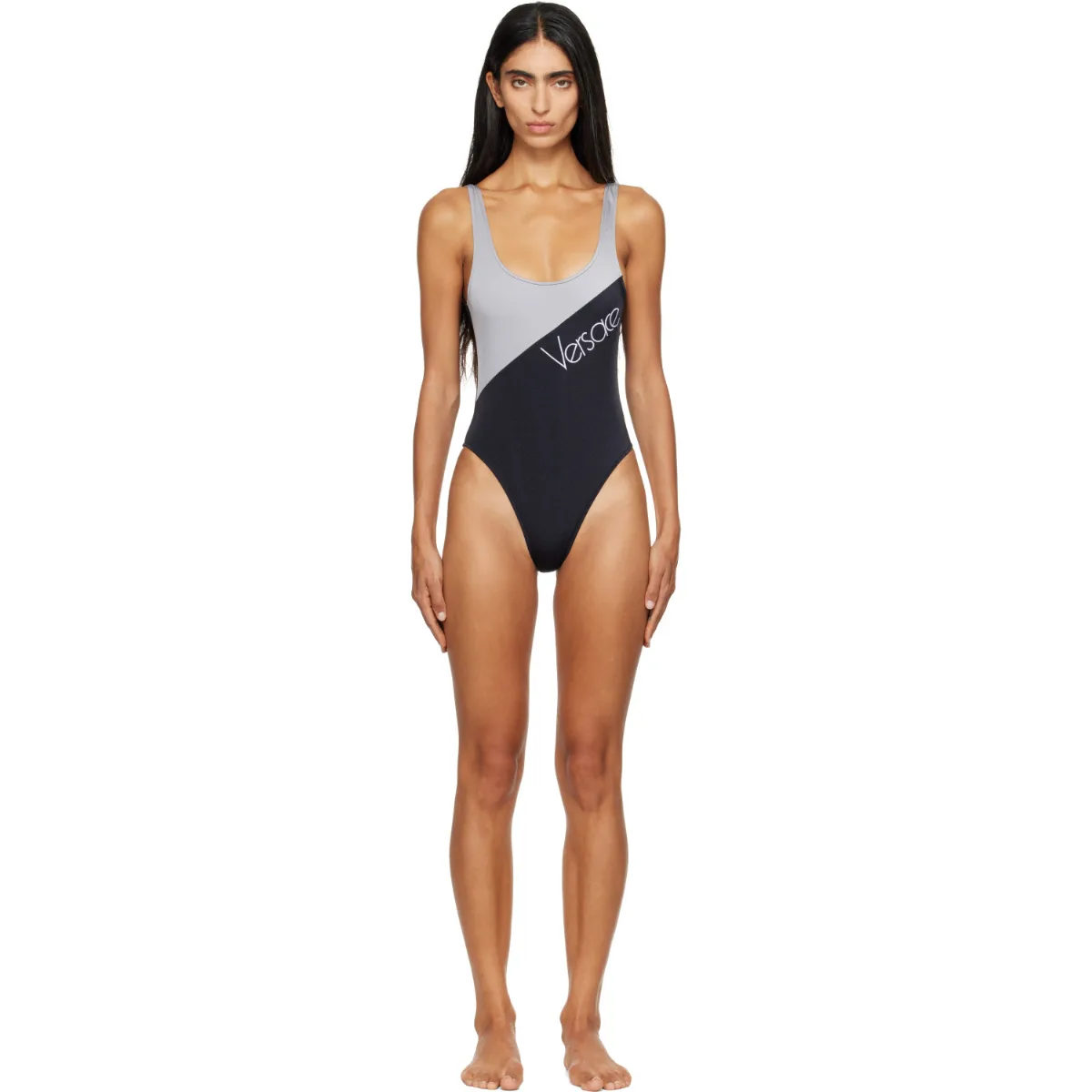 Embroidered-Logo One-Piece Swimsuit by Versace
