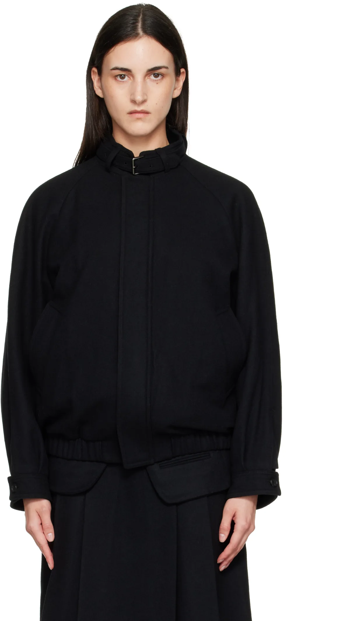 Wool Flannel Belted Stand Collar Bomber Jacket