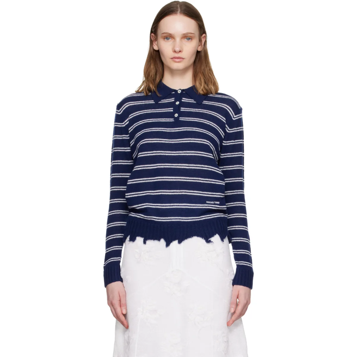 Navy & White Striped Long-Sleeve Knit Polo by SHUSHU/TONG