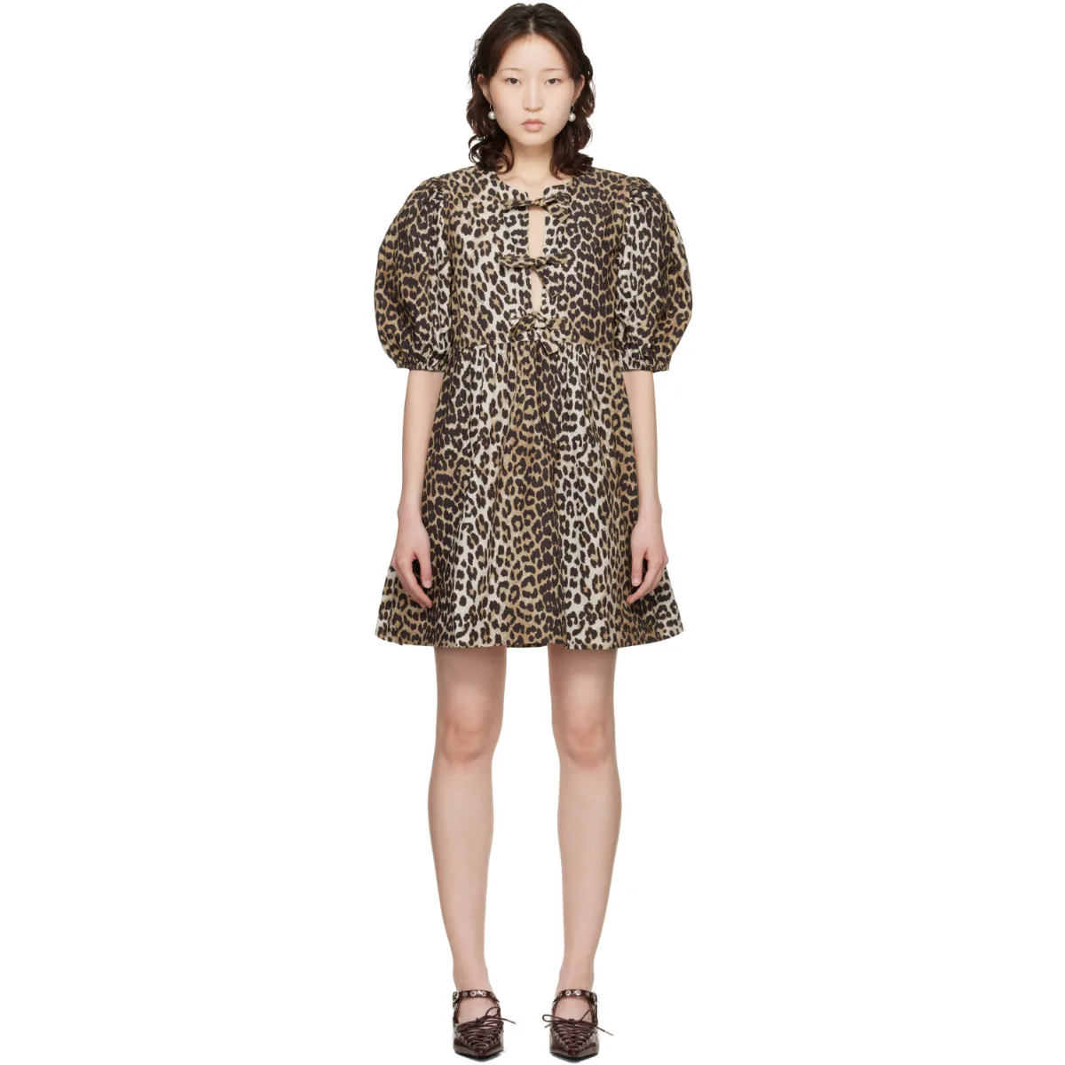 Leopard Printed Cotton Tie String Minidress by GANNI