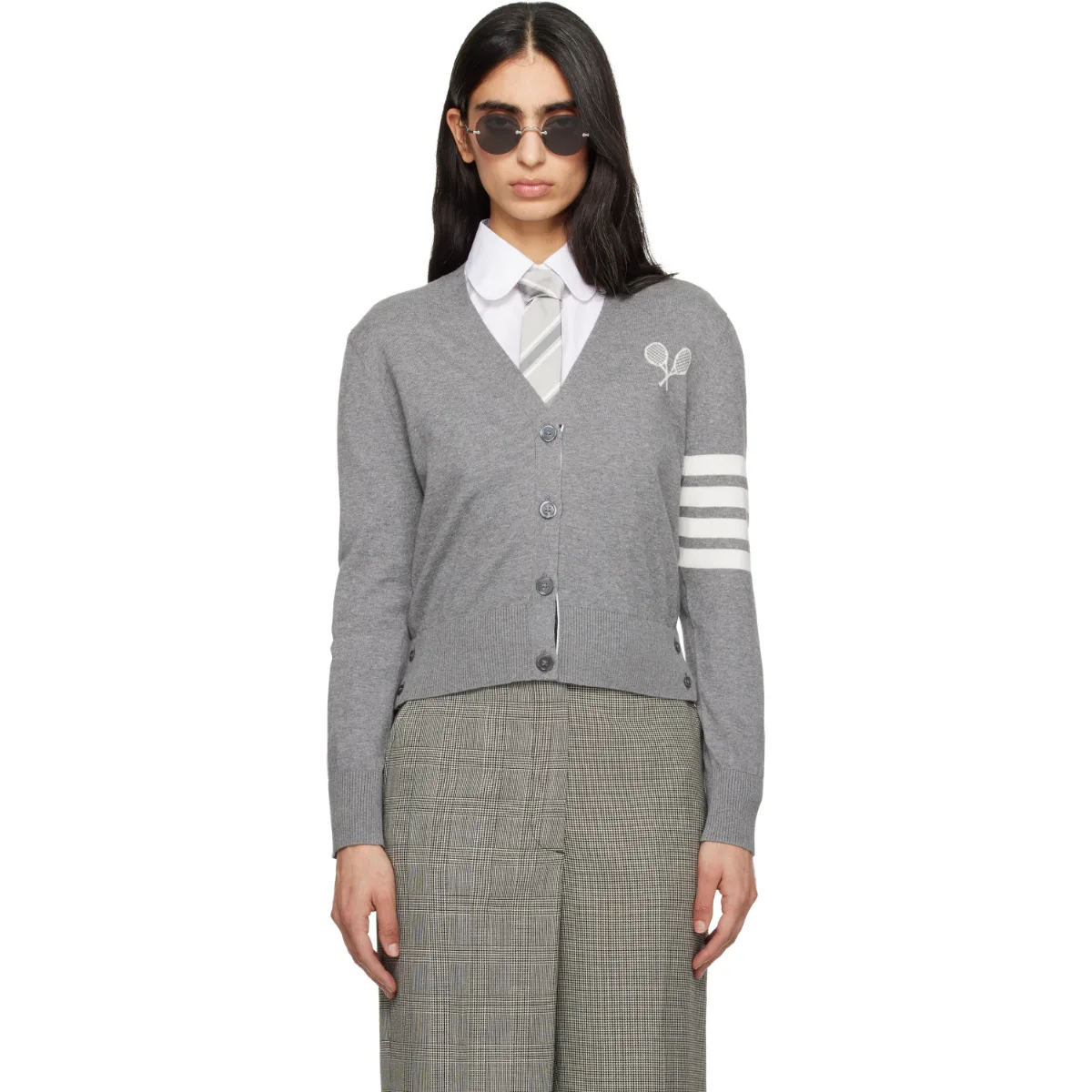 Tennis Racquets 4-Bar Cotton V-Neck Cardigan by Thom Browne