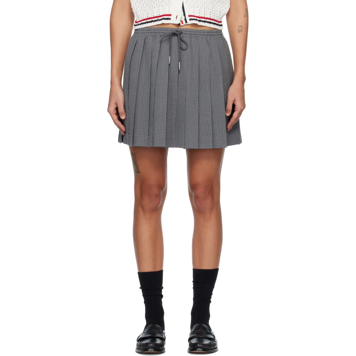 Wool Seersucker Drawstring Pleated Miniskirt by Thom Browne