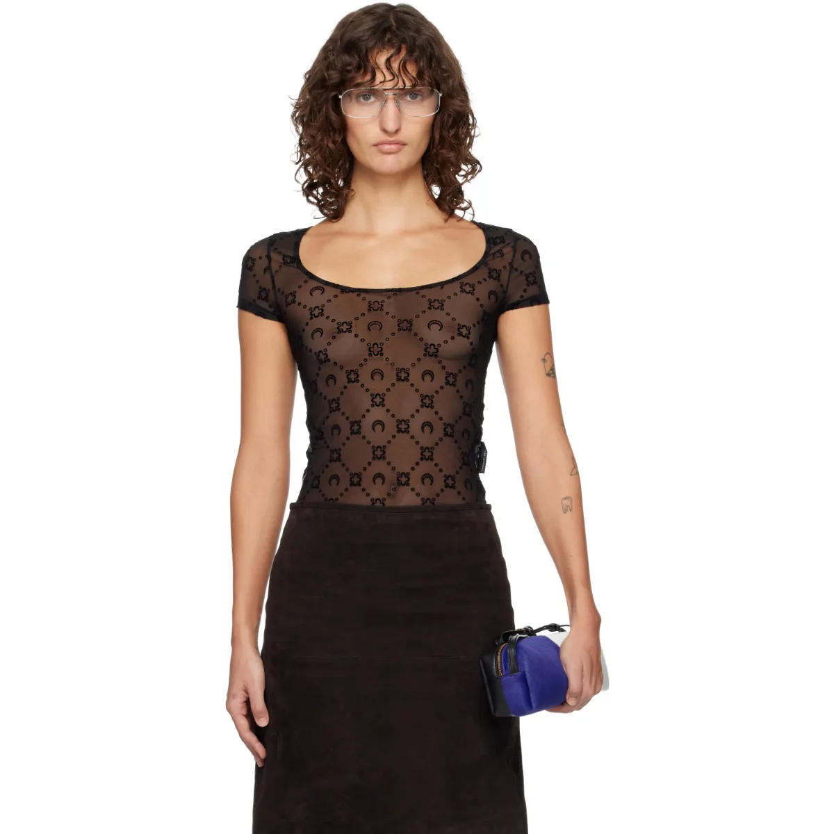Recycled Mesh Flock Open Neck T-Shirt by Marine Serre