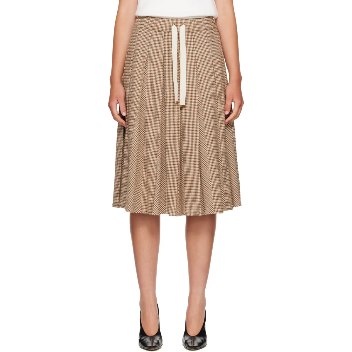 Viscose & Wool Stretch Microcheck Midi Skirt