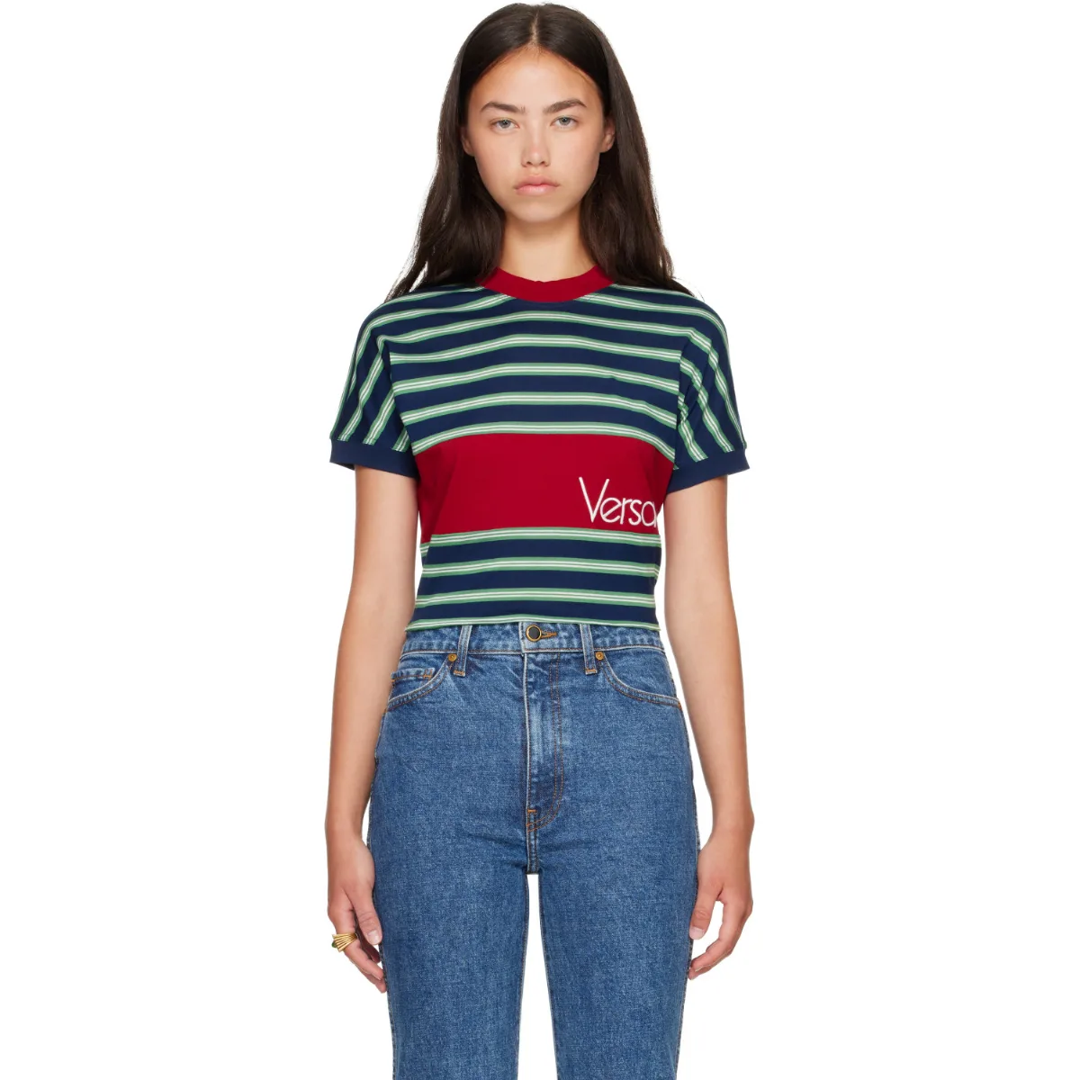 Embroidered-Logo Striped-Intarsia Cotton T-Shirt by Versace
