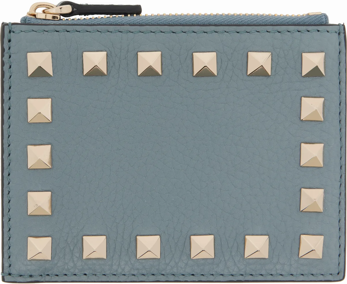 Gray Rockstud Grainy Calfskin Card Holder