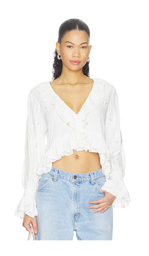 Skye Lace Applique V Neck Ruffle Cropped Blouse by Alice + Olivia