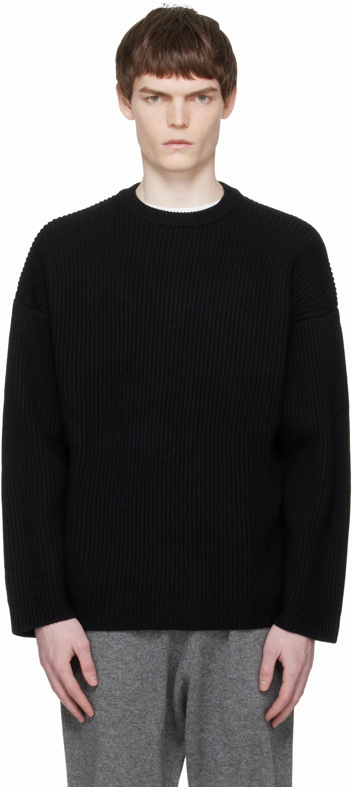 Black Oversized Knit Crewneck Sweater