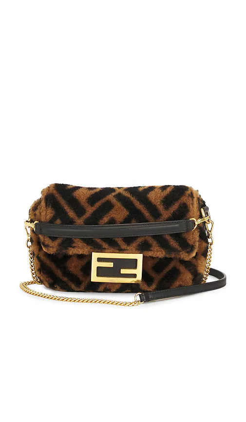 Fendi Shearling Vitello Dolce Macro FF 1974 Mini Baguette Shoulder Bag by FWRD Renew