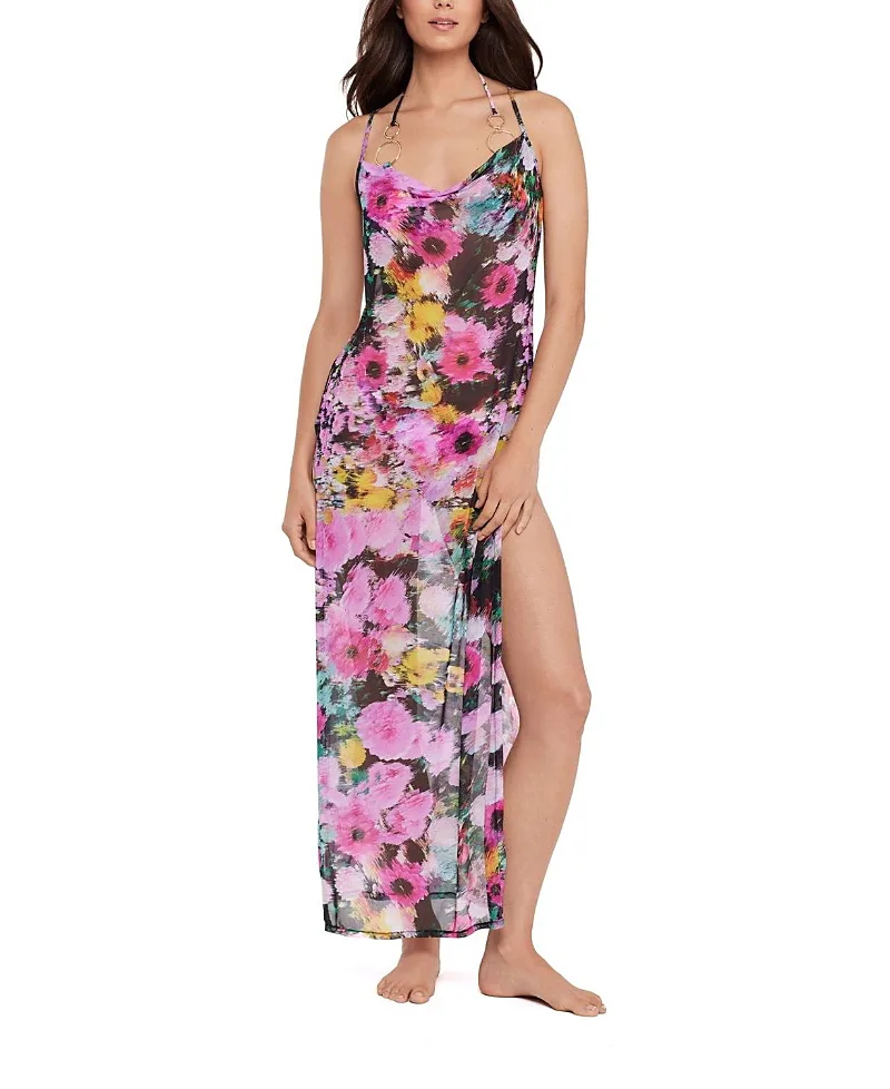 Mesh Cowl Neck Maxi Dress with High Slits Cover Up
